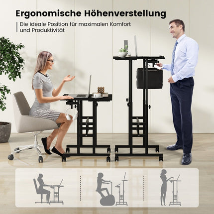 Höhenverstellbarer Steh-Sitz-Schreibtisch mit Rollen, Schwarz, MDF & Stahl