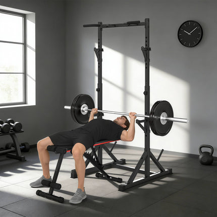 Verstellbares Squat Rack mit Klimmzugstange, 200 kg, Schwarz