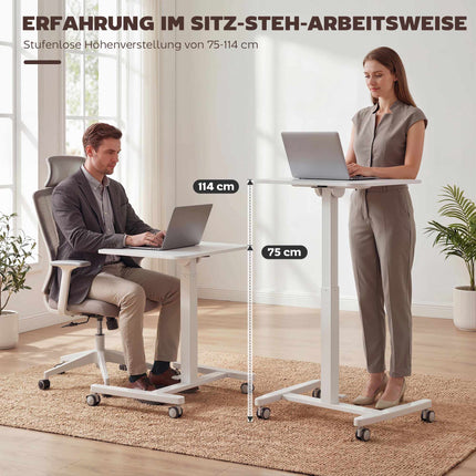 Höhenverstellbarer Stehschreibtisch – kippbare Tischplatte, mobil, weiß
