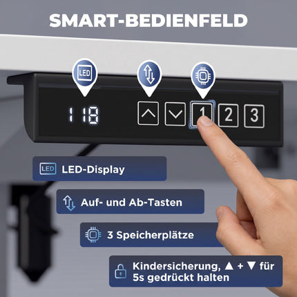 Höhenverstellbarer Stehschreibtisch mit Memory-Funktion, LED-Anzeige, Weiß