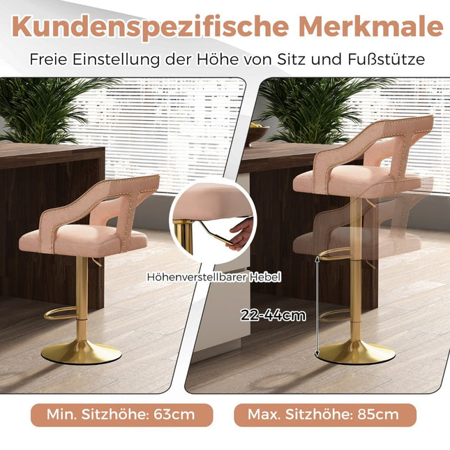 Verstellbare Barhocker aus Samt, Pink, 2er-Set, 63-85 cm