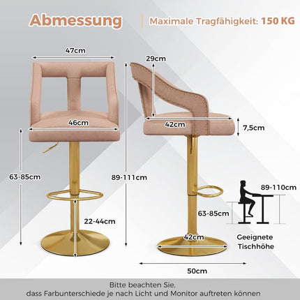 Tabourets de bar réglables en velours rose, lot de 2, 63-85 cm