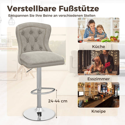 Tabourets de bar réglables en velours, lot de 2, gris, 67-87 cm