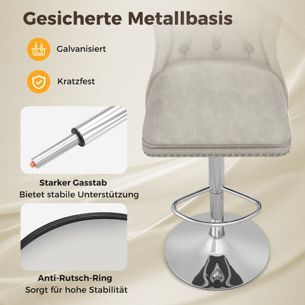 Tabourets de bar réglables en velours, lot de 2, gris, 67-87 cm