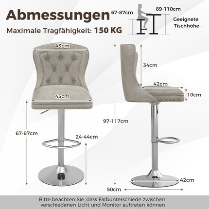 Tabourets de bar réglables en velours, lot de 2, gris, 67-87 cm