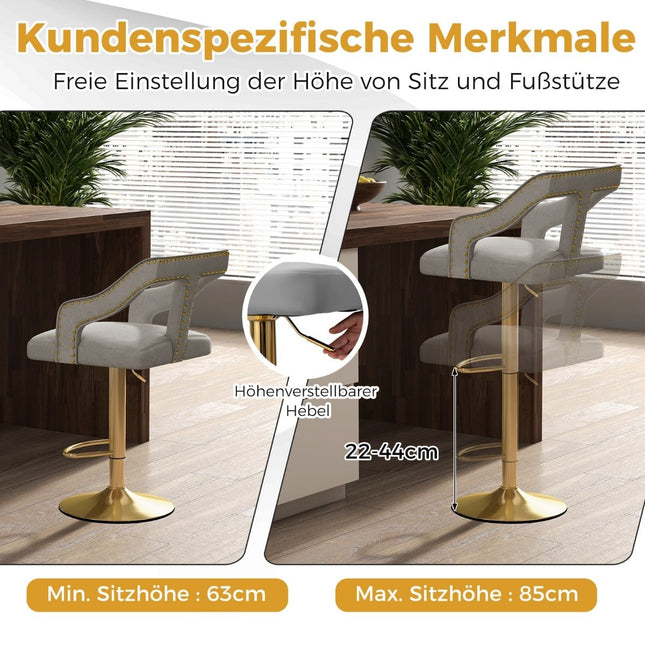 Verstellbare Barhocker aus Samt, drehbar, 2er-Set, Grau