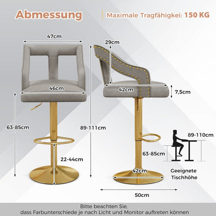Tabourets de bar pivotants en velours réglable, lot de 2, gris