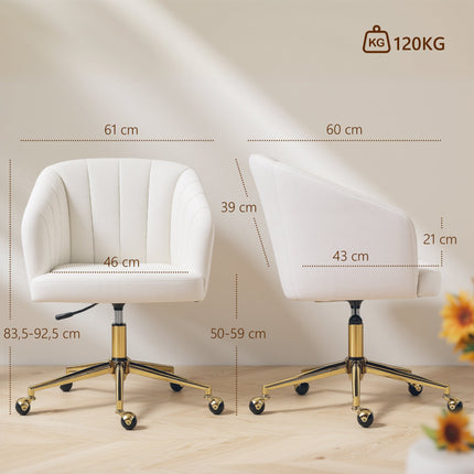 Fauteuil de bureau réglable en velours, rembourrage en mousse, blanc crème