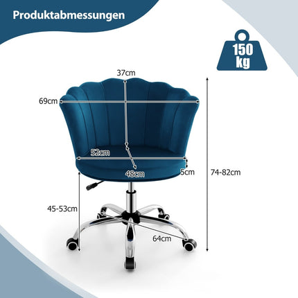 Chaise de bureau ergonomique en velours réglable avec roulettes, bleue