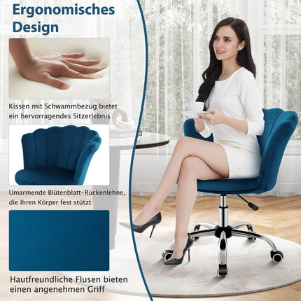 Chaise de bureau ergonomique en velours réglable avec roulettes, bleue