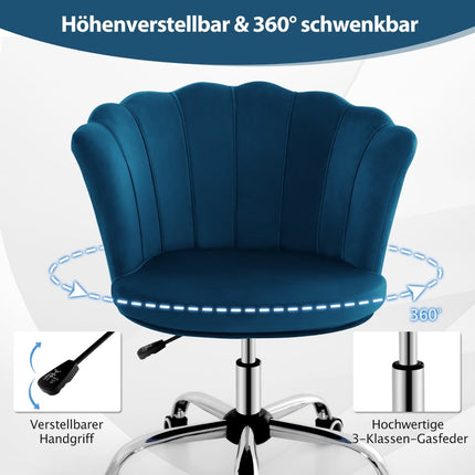 Chaise de bureau ergonomique en velours réglable avec roulettes, bleue