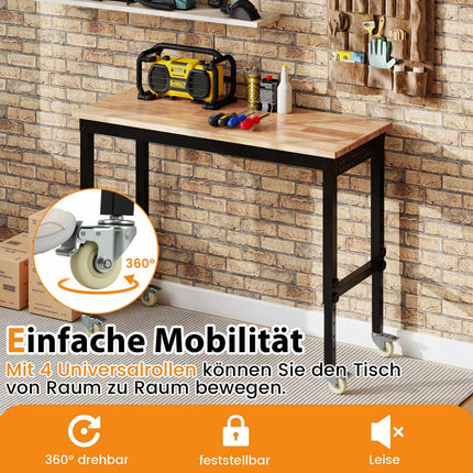 Verstellbare Werkbank mit Rollen, 1100 kg Tragkraft, 2 Lochplatten