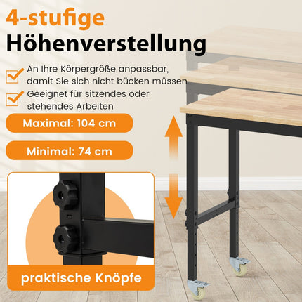 Verstellbare Werkbank mit Rollen, 1100 kg Tragkraft, 2 Lochplatten