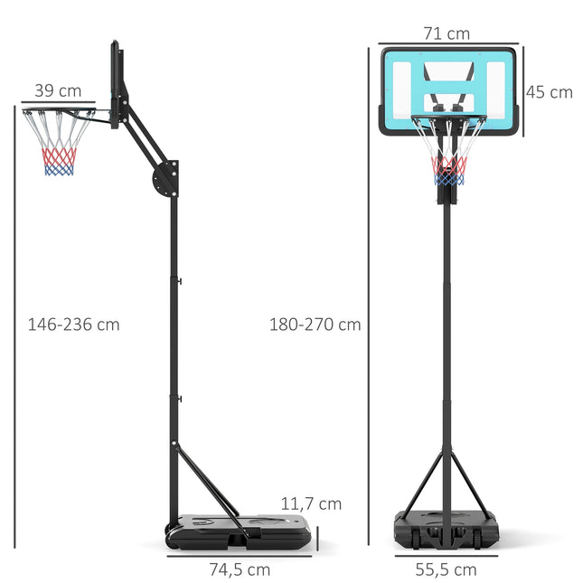 Panier de basket avec rouleau de support, support de basket-ball réglable en hauteur de 146 à 236 cm avec paroi arrière de 71 x 45 cm, système de cerceau portable pour adolescents et adultes Système de basket-ball pour intérieur et extérieur |