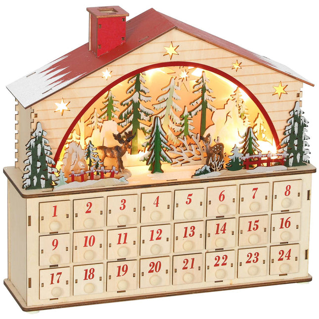 Calendrier de l'Avent avec 24 tiroirs, lumières LED, bois, 36 x 10 x 34 cm