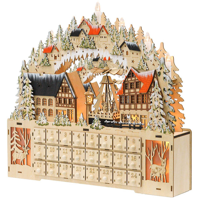 Calendrier de l'Avent à remplir 24 compartiments à tiroirs Calendrier de Noël avec lumières LED Boîte de calendrier de l'Avent Décoration de Noël DIY MDF bois naturel 45 x 9 x 42,5 cm