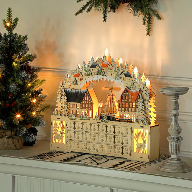 Calendrier de l'Avent à remplir 24 compartiments à tiroirs Calendrier de Noël avec lumières LED Boîte de calendrier de l'Avent Décoration de Noël DIY MDF bois naturel 45 x 9 x 42,5 cm