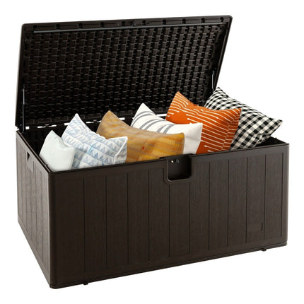 Boîte de rangement toutes saisons, capacité de 492 L, avec couvercle verrouillable, boîte de jardin étanche marron