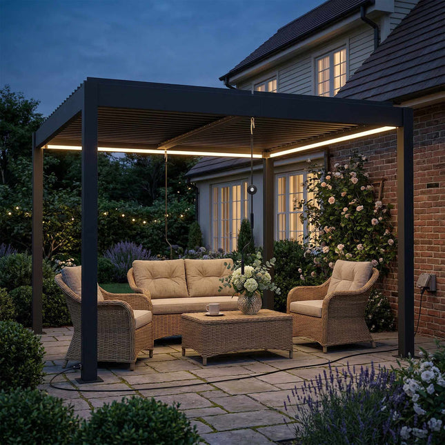 Aluminium-Pergola 3x3m mit LED-Beleuchtung & verstellbarem Dach