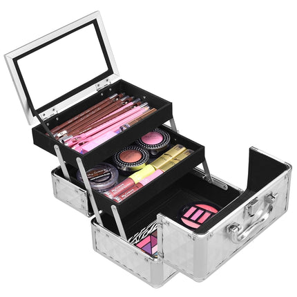 Trousse de toilette en aluminium avec miroir - Argent, 2 plateaux