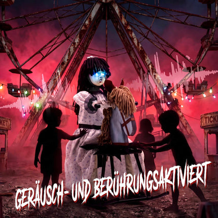 Animiertes Halloween-Mädchen auf einem Schaukelpferd mit Licht- und Soundeffekten