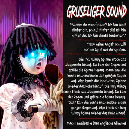 Animiertes Halloween-Mädchen auf einem Schaukelpferd mit Licht- und Soundeffekten