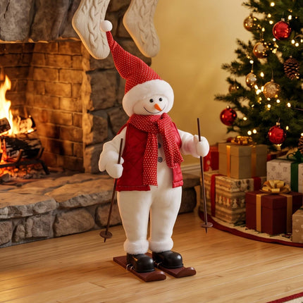 Animated Skiing Snowman Figure 65 cm with Skis and Poles, Plays Music, Red