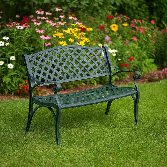 Banc de jardin en métal antique, noir et vert