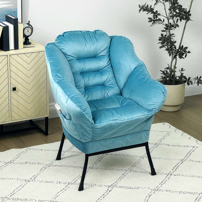 Fauteuil de Salon Chaise de Relaxation rembourrée avec Poche latérale Pieds en Acier Chaise rembourrée Aspect Velours Chaise Simple pour Chambre à Coucher Bleu