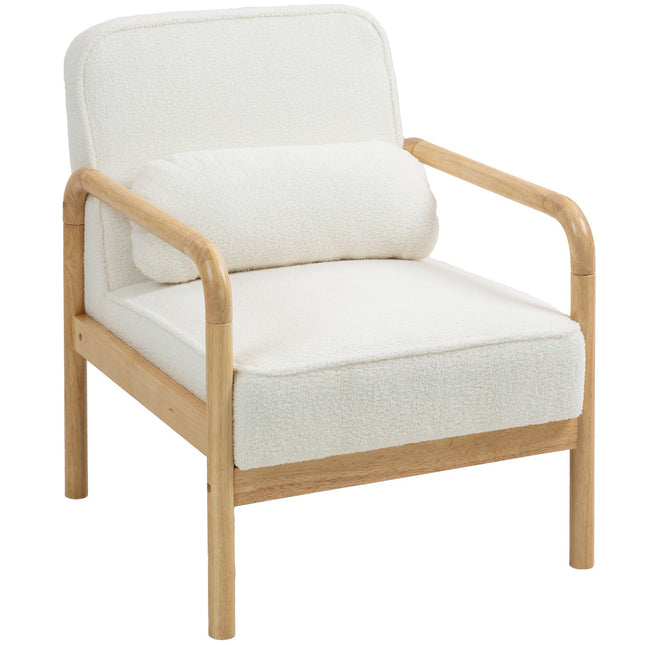 Fauteuil de salon, chaise longue avec accoudoirs, pieds en bois, assise large et épaisse, chaise de relaxation, chaise de lecture avec coussin, aspect bouclé, chaise rembourrée pour chambre à coucher, blanc |
