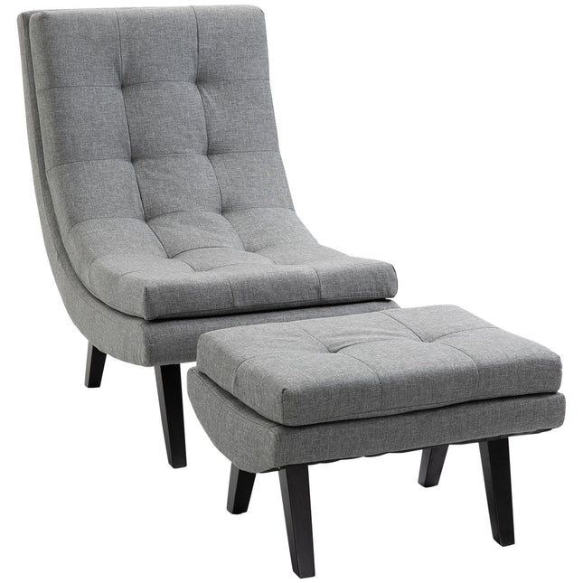 Graue Chaiselongue aus Leinen mit Hocker – Gummibaumholzbeine