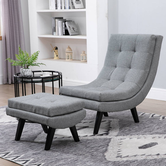 Graue Chaiselongue aus Leinen mit Hocker – Gummibaumholzbeine