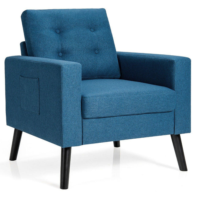 Armchair with 2 side pockets Wing chair with armrests and back cushions 75 x 81 x 86 cm Blue 53cm seat depth