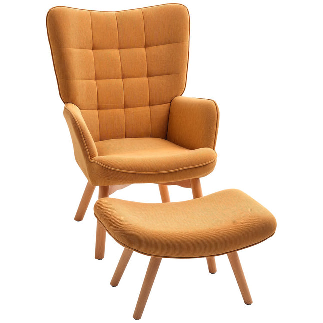 Fauteuil avec tabouret, fauteuil à oreilles à dossier haut, pieds en bois, chaise longue capitonnée aspect velours côtelé pour salon, marron