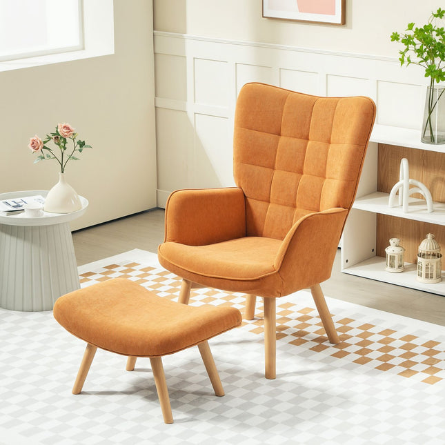 Fauteuil avec tabouret, fauteuil à oreilles à dossier haut, pieds en bois, chaise longue capitonnée aspect velours côtelé pour salon, marron