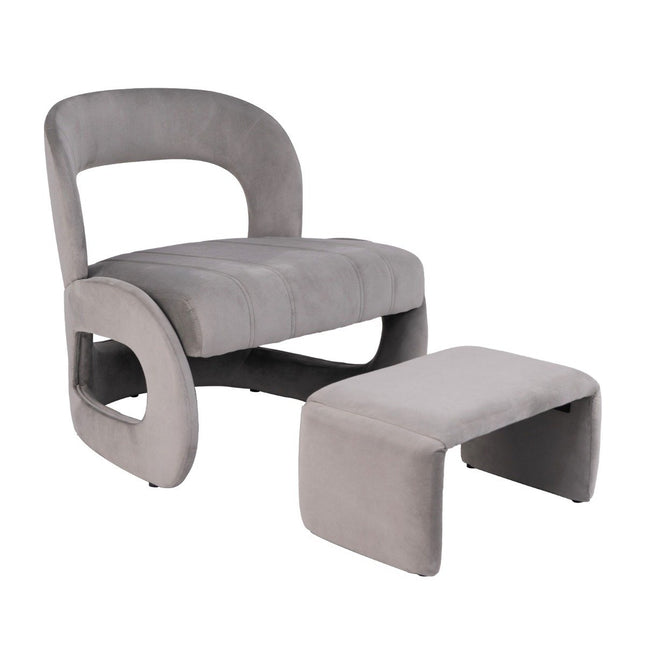Armchair with stool oversized relaxation armchair with open back and wide seat gray