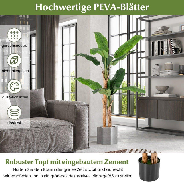 Künstlicher Bananenbaum Bananenpflanze mit 10 Blättern &amp; Naturstamm Grün 165cm
