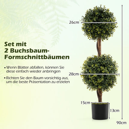 Künstliche Buchsbäume mit Topf, 90cm, 2er-Set