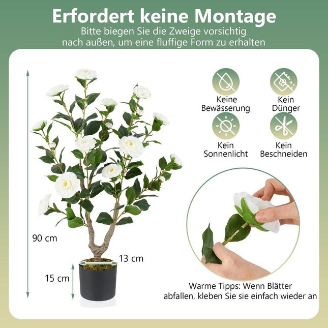 Künstlicher Kamelienbaum, 90 cm, weiße Blüten, getopft