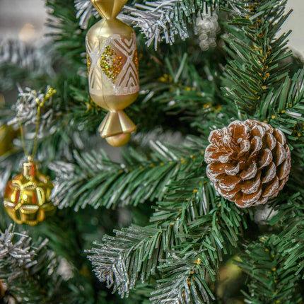 Sapin de Noël artificiel, 150 cm, branches enneigées, pommes de pin