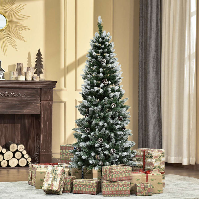 Sapin de Noël artificiel, 150 cm, branches enneigées, pommes de pin