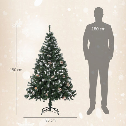 Sapin de Noël artificiel, 150 cm, branches enneigées, pommes de pin