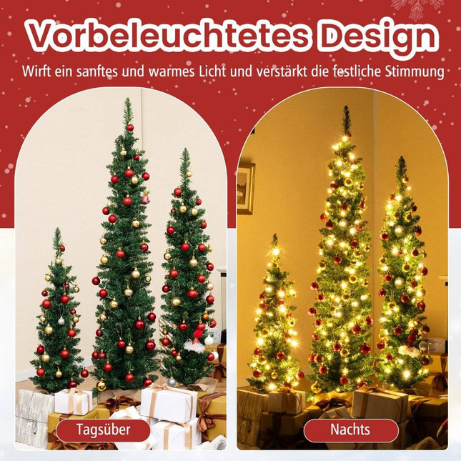 Sapin de Noël artificiel, lot de 3, sapin de Noël en forme de crayon avec éclairage vert