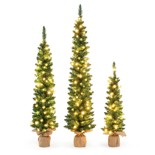 Sapin de Noël artificiel, lot de 3, sapin de Noël en forme de crayon avec éclairage vert