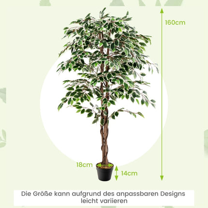 Ficus artificiel, 160 cm, 1008 feuilles, tronc en bois véritable