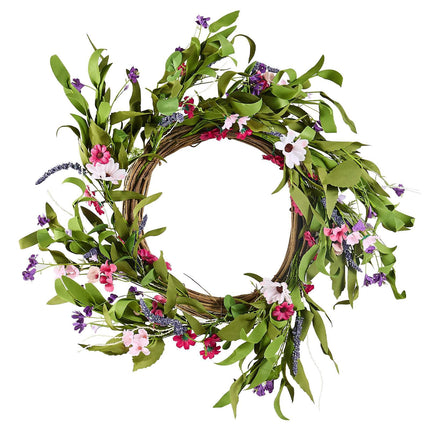 Artificial Flower Wreath 22 Inch, Pink Green Daisies