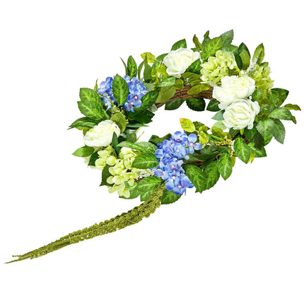 Artificial Flower Wreath, 23 Inch, Blue White Green Decor