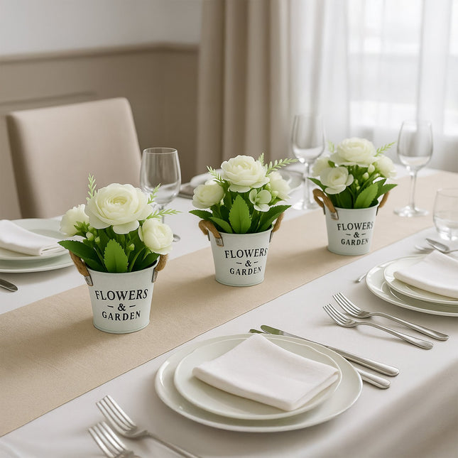 Ensemble de 3 pots de fleurs artificielles blancs avec poignées en corde
