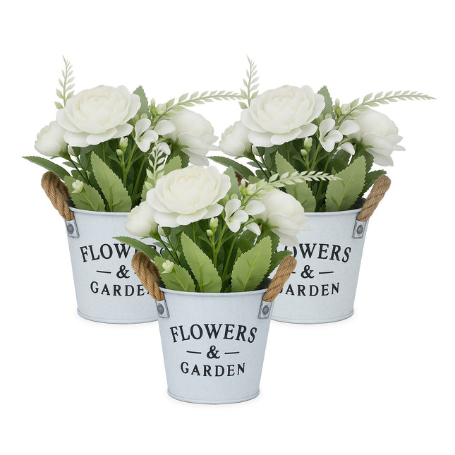 Ensemble de 3 pots de fleurs artificielles blancs avec poignées en corde