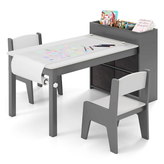Ensemble table et chaises pour enfants. Table à dessin avec 2 chaises, rouleau de papier et support. Gris.